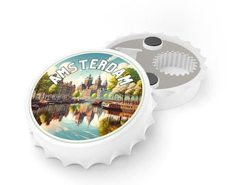 Abrebotellas magnético con forma de tapón, con temática de Ámsterdam. Imán para nevera, cocina y abrebotellas.