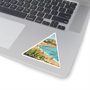 May include: A triangular sticker depicting a beach scene with the word "MALLORCA" in white. The image shows people swimming in the blue sea and relaxing on the sandy beach. Palm fronds are in the foreground.