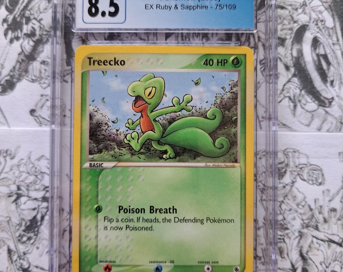 2003 Pokemon Treecko 75/109 Non-Holo EX Ruby and Sapphire CGC 8.5