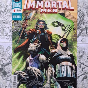 May include: Comic book cover for "The Immortal Men" #1, featuring a group of costumed characters. The cover has a vibrant color palette with the title in bold red letters. The DC Comics logo is in the upper left corner. The price is $2.99.