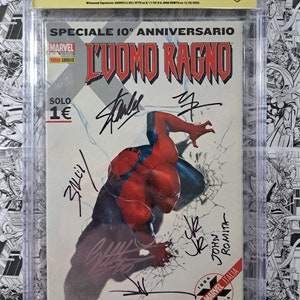 L&#39;Uomo Ragno #109 Italian Variant CBCS 6.0 Signed 7X Stan Lee, John Romita Sr and Jr, Gabriele Dell&#39;Otto, Jae Lee, Terry Dodson, Mark Bagley