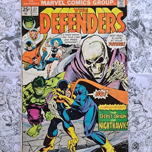 May include: Vintage comic book cover for "The Defenders" Marvel Comics Group. Features colorful illustrations of superheroes and villains. The cover includes text such as "The Defenders", "Secret Origin of Nighthawk", and the price.