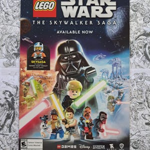 May include: A promotional poster for LEGO Star Wars: The Skywalker Saga. The poster features LEGO figures of Darth Vader and other characters with lightsabers. The text "LEGO Star Wars" and "Available Now" are prominently displayed.