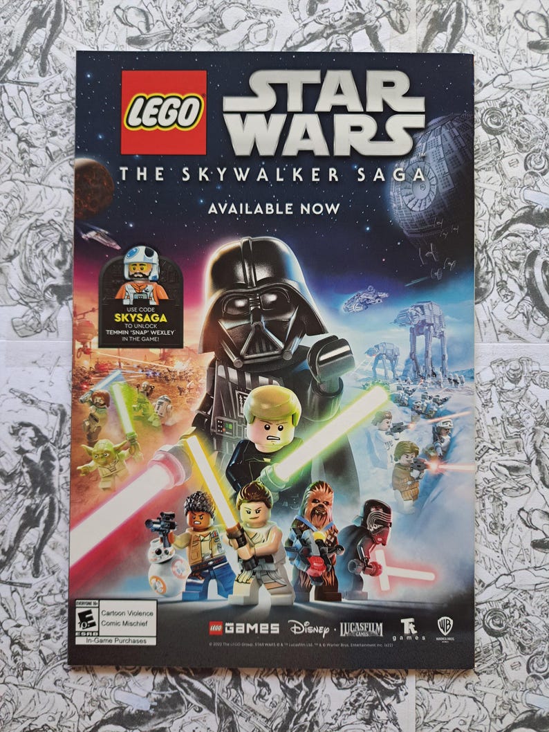 May include: A promotional poster for LEGO Star Wars: The Skywalker Saga. The poster features LEGO figures of Darth Vader and other characters with lightsabers. The text "LEGO Star Wars" and "Available Now" are prominently displayed.