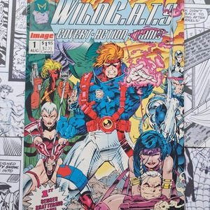 May include: A WildC.A.T.s Covert-Action Teams comic book issue number 1, dated August, featuring Jim Lee cover art. The colorful illustration depicts a group of costumed characters in action poses with text including WildC.A.T.s and 1st Senses Shattering Issue.