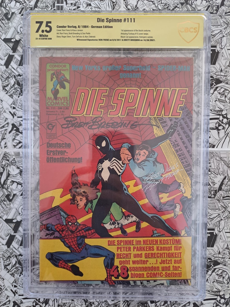 May include: A comic book titled "Die Spinne #111" in a protective case. The cover features Spider-Man in a black costume, with German text and the Marvel Comics logo. The comic is graded 7.5 by CBCS.