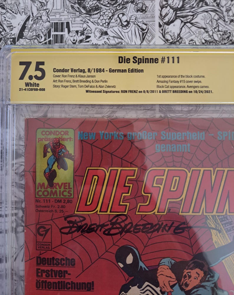 May include: A graded comic book titled "Die Spinne #111" from Condor Verlag, 8/1984. The cover features Spider-Man in a black costume, with text in German. The comic is graded 7.5 and has signatures.