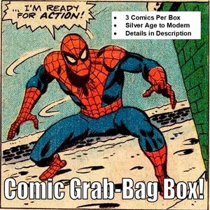 May include: Comic Grab-Bag Box! Features a vintage comic book illustration of Spider-Man in a dynamic pose. The image includes text that reads "I'M READY FOR ACTION!" and details about the contents: 3 comics per box, Silver Age to Modern.