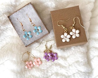 Cherry Blossom Enamel Dangle Earrings with Gold Hooks. Colorful Botanical Design, Flower Jewlery, Pink, White, Purple, Blue, Black.