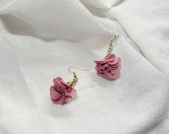 Pretty In Pink Flower Dangle Earrings, Cloth Floral Earrings, Tassel Earrings, Fabric Flower Blossoms, Gift for her, Light Weight Earrings