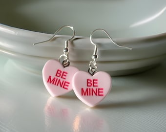 Valentines Conversation Heart Earrings, Valentines Day Dangle Earrings, Heart Earrings, Resin Heart Earrings, Love, Be Mine Earrings