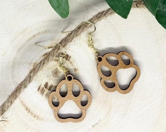 Wooden Paw Print Earrings, Dangle Earrings, Heart Paw Earrings, Animal Print Earring, Wood Paw Print Earring, Puppy Paw Print