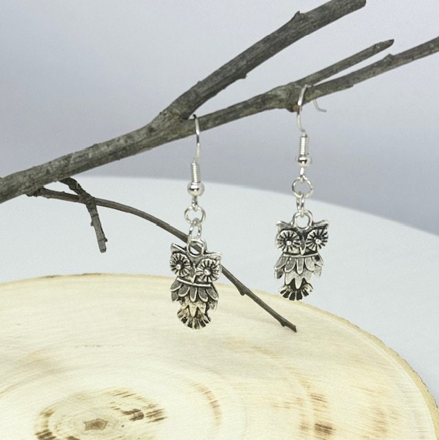 Metal Owl Earrings, Silver Owl Earring, Rustic Antique Silver, Unique Owl Jewelry, Unique Bird Earri