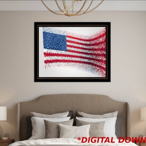 May include: A framed print of an American flag made of small, red, white and blue shapes. The flag is waving in the wind and the shapes are arranged in a swirling pattern.