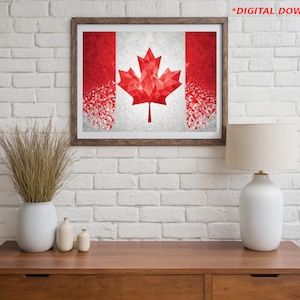 May include: A framed print of the Canadian flag with a red maple leaf in a geometric design against a white and red background.