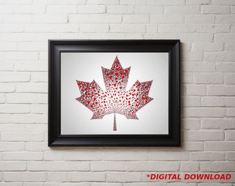 Puede incluir: Una descarga digital de un diseño de hoja de arce canadiense roja y blanca. La hoja está compuesta por pequeños triángulos y está enmarcada en un marco negro.