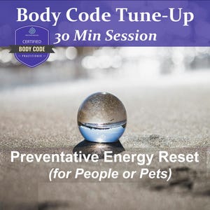 Könnte beinhalten: Eine klare Glaskugel liegt auf einem Sandstrand. Oben im Bild steht der Text "Body Code Tune-Up 30 Min Session". Unter der Kugel steht der Text "Preventative Energy Reset (for People or Pets)".