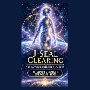 May include: A digital graphic featuring a glowing human silhouette against a cosmic background with golden geometric lines. Text reads: J-SEAL CLEARING & UNNATURAL IMPLANT CLEARING, 45-MINUTE REMOTE ENERGY SESSION. A lotus flower icon sits at the bottom.