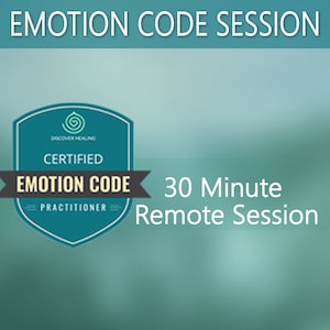 Peut inclure: Un graphique bleu sarcelle et blanc avec le texte "Emotion Code Session" en haut. Un bouclier bleu sarcelle avec un tourbillon blanc et le texte "Certified Emotion Code Practitioner" est au centre. Le texte "30 Minute Remote Session" est sous le bouclier.