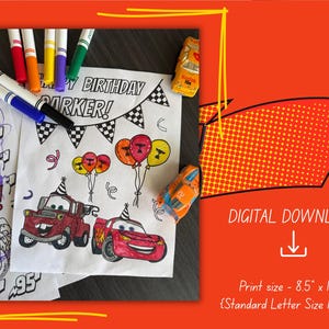 May include: A coloring page with the text "HAPPY BIRTHDAY PARKER!" featuring cartoon cars, balloons, and a banner. The image includes colorful markers and toy cars, with the text "DIGITAL DOWNLOAD" and print size 8.5" x 11".