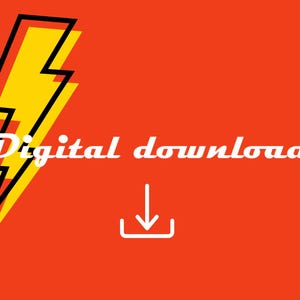 May include: A bright orange graphic with a yellow and black lightning bolt and the words "Digital download" in white. A white downward arrow is below the text.