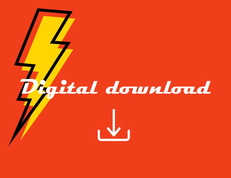 May include: A bright orange graphic with a yellow and black lightning bolt and the words "Digital download" in white. A white downward arrow is below the text.