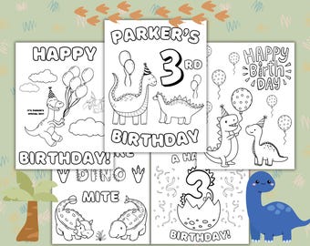 May include: A collection of black and white dinosaur-themed birthday coloring pages. The pages feature various dinosaur illustrations, balloons, party hats, and the phrases "Happy Birthday," "Parker's 3rd Birthday," and "Dino Mite." A blue dinosaur is also included.