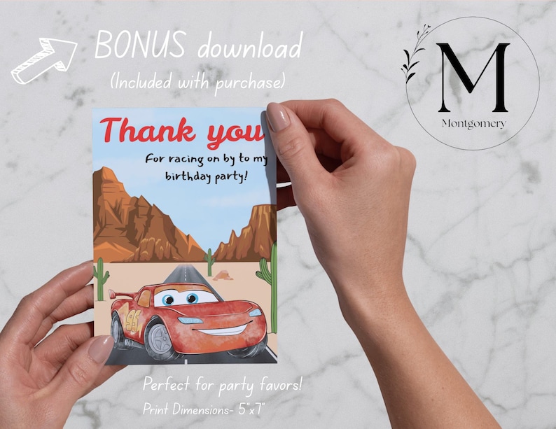 May include: A party favor card featuring a cartoon race car on a desert road with the text "Thank you" and "For racing on by to my birthday party!". The card is 5x7 inches and includes a bonus download.