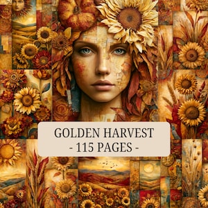 Boho Fall Golden Harvest Junk Journal Pages, Mixed Media Autumn, Journal Collage, Scrapbook Papers, Sunflower Printable Pages, Journaling
