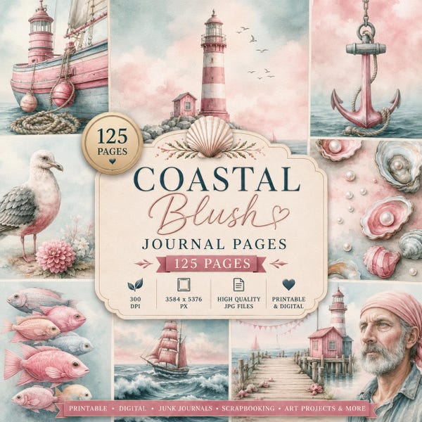 Nautical Coastal Watercolor Junk Journal Pages, Pastel Cottagecore Printable Kit, Ephemera, Ocean Images, Scrapbook Papers, JPG