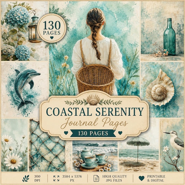 Coastal Serenity Junk Journal Pages, Ocean Nautical Scrapbook Kit (Digital Download)