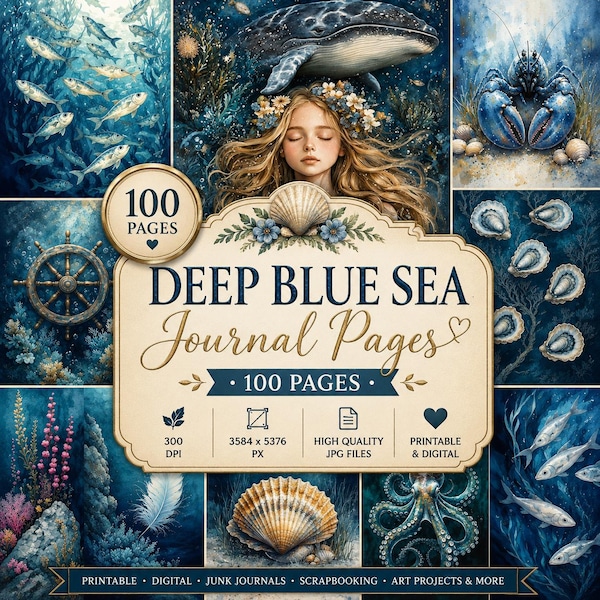 Deep Blue Sea Junk Journal Pages, Watercolor Marine Scrapbook Kit (Digital Download)