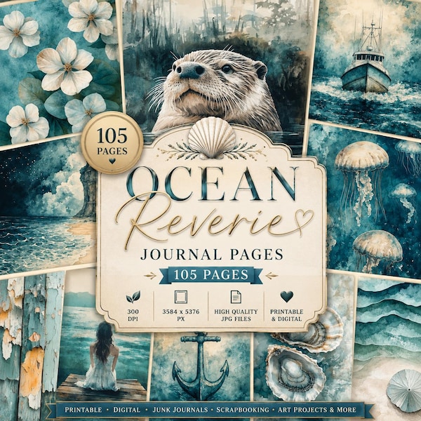 Ocean Reverie Junk Journal Pages, Teal Watercolor Sea Papers, Coastal Scrapbook (Digital Download)