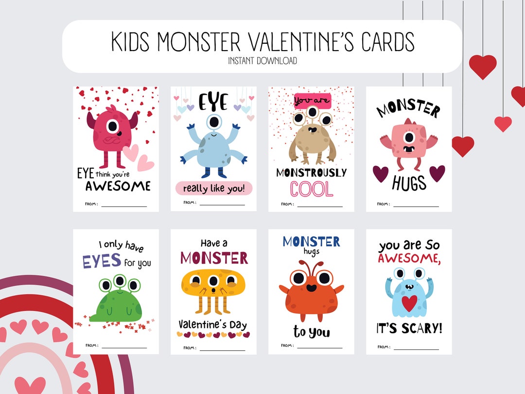 Printable Valentine Monster Themed Cards for Kids - HQ PDF Instant ...