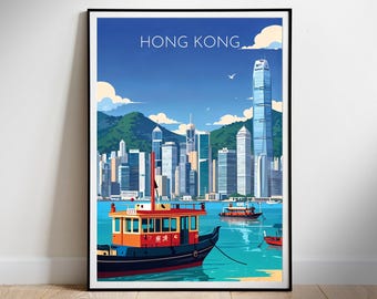 Póster de viaje de Hong Kong: Arte retro del horizonte urbano (descarga digital)