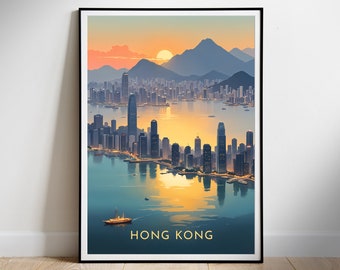 Póster de viaje de Hong Kong: Arte retro del horizonte urbano (descarga digital)