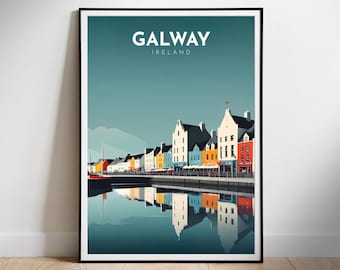 Reseaffisch för Galway, Irland: Konsttryck med kuststad (digital nedladdning)