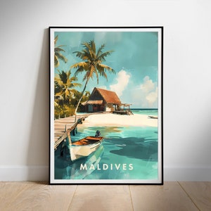Póster de viaje a Maldivas, arte mural imprimible digital, descarga instantánea, decoración para colgar, regalo para casa nueva.