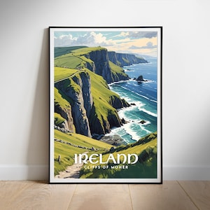 Póster de viaje de Irlanda, arte mural imprimible digital, descarga instantánea de los acantilados de Moher, decoración colgante, regalo para casa nueva.