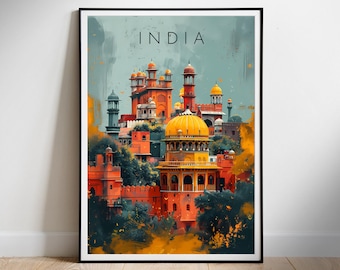 May include: A watercolor painting of a cityscape in India. The painting features a variety of buildings, including a large, golden dome. The buildings are painted in shades of orange, red, and yellow, and the sky is a light blue. The word "INDIA" is written in black at the top of the painting.