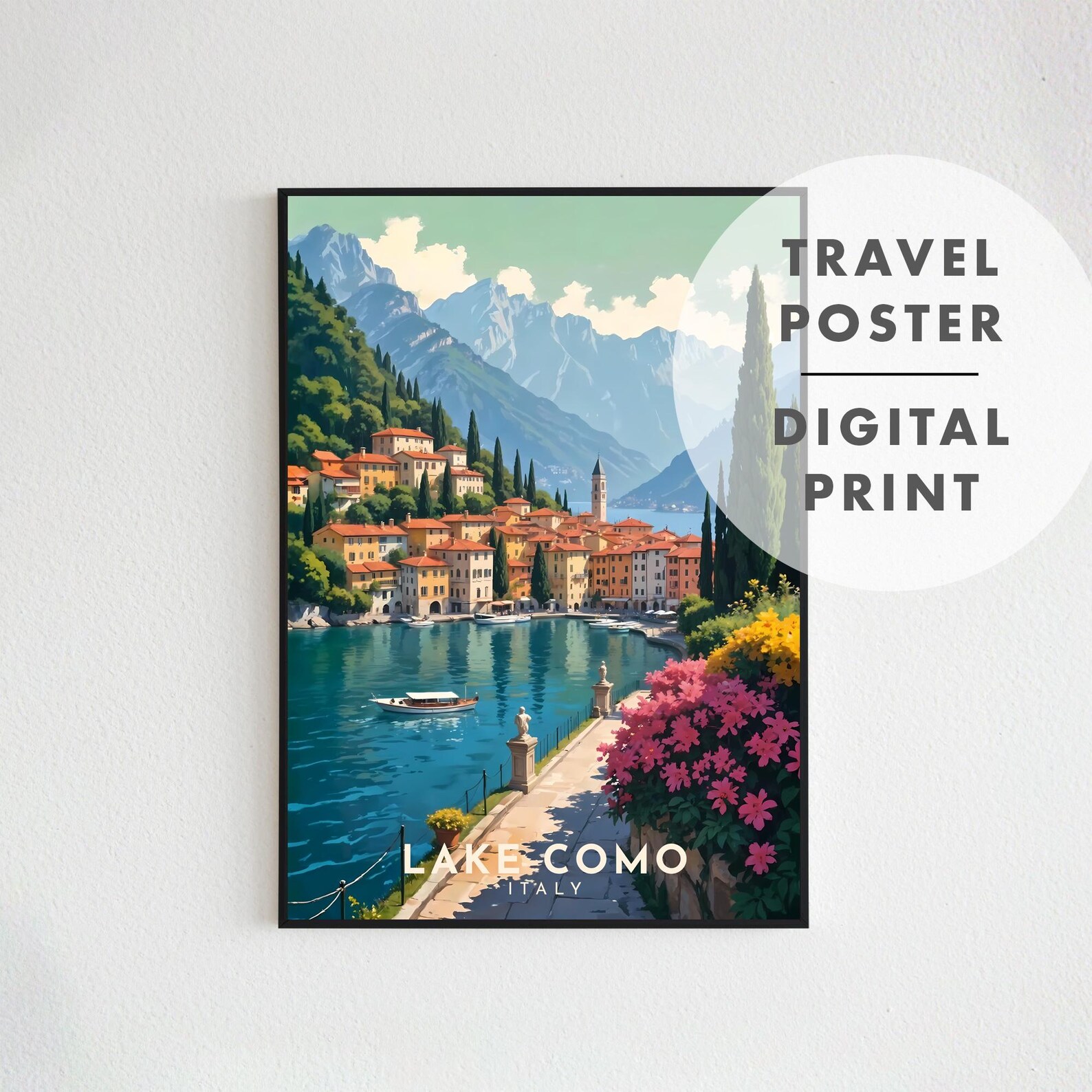 lake como italy travel poster art print (digital... Lake Como Italy Travel Poster: Vintage Style Art (digital Download) - Etsy