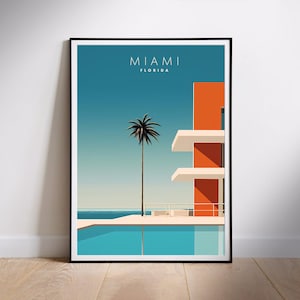 May include: A framed art print featuring a minimalist illustration of Miami, Florida. The artwork depicts a palm tree, a building with white balconies, and a turquoise pool against a blue sky. The word "MIAMI" is printed at the top.
