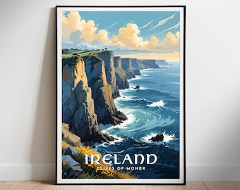 以下が含まれることがあります： アイルランドのモハーの断崖の美しい景色を描いたヴィンテージな旅行ポスター。ポスターは青、緑、白のカラーリングで、岩だらけの断崖と打ち寄せる波が特徴的な劇的な海岸線を表現しています。ポスターの下部には「IRELAND CLIFFS OF MOHER」というテキストが太字の白で印刷されています。