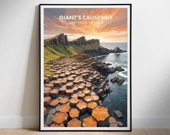 Poster di viaggio, stampa digitale, Giant's Causeway, Irlanda del Nord, arte murale minimalista scaricabile, download immediato