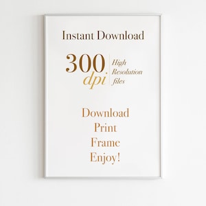 Puede incluir: Un p&oacute;ster enmarcado blanco con el texto "Descarga instant&aacute;nea" y "300 dpi Archivos de alta resoluci&oacute;n". Debajo del texto hay una lista de instrucciones: "Descargar, Imprimir, Enmarcar, &iexcl;Disfrutar!"