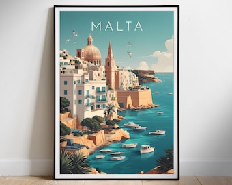 Póster de viaje de Malta. Arte mural imprimible digitalmente. Descarga instantánea. Decoración para colgar. Regalo para casa nueva.