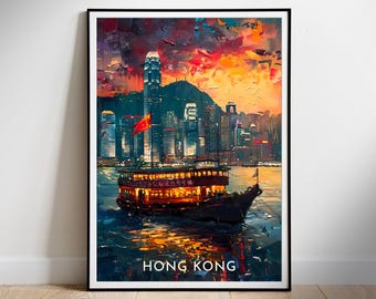 Póster de viaje de Hong Kong: Impresión artística retro del horizonte (descarga digital)