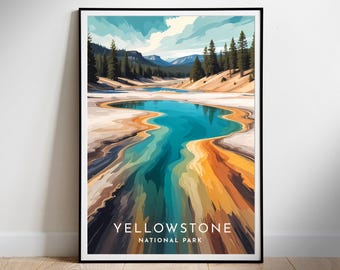 Może przedstawiać: Oprawiony wydruk artystyczny Parku Narodowego Yellowstone. Grafika przedstawia żywy, kolorowy krajobraz z turkusowym gorącym źródłem, otoczonym drzewami i górami. Tekst "YELLOWSTONE NATIONAL PARK" znajduje się na dole.