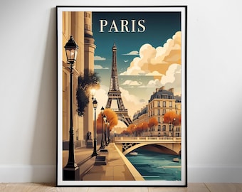 May include: A vintage travel poster featuring a view of the Eiffel Tower in Paris, France. The poster has a blue and orange color scheme and features a street scene with a river and bridge. The text "PARIS" is printed in white at the top of the poster.