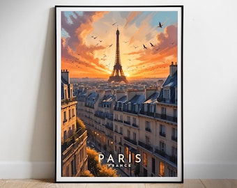 May include: A colorful illustration of the Eiffel Tower in Paris, France. The tower is surrounded by a cityscape with buildings and a sunset sky. The text "PARIS FRANCE" is at the bottom of the image.